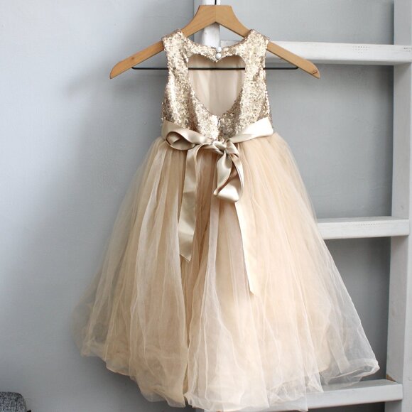 Gold Heart Cutout Sequin Formal Flower Girl Tulle Satin Dress Size 3 - Picture 3 of 6